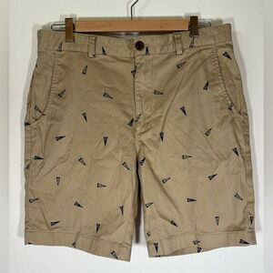Brooks Brothers khaki flat front blue flags all over print sz 33 preppy shorts